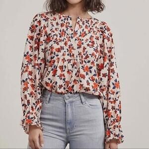 Elizabeth and James Floral Pintuck Smocked Bib Peasant Boho Large Shirt Blouse